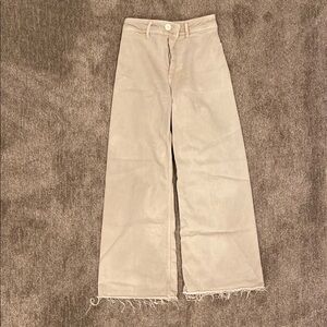 Beige Wide-Leg Frayed Hem Trousers